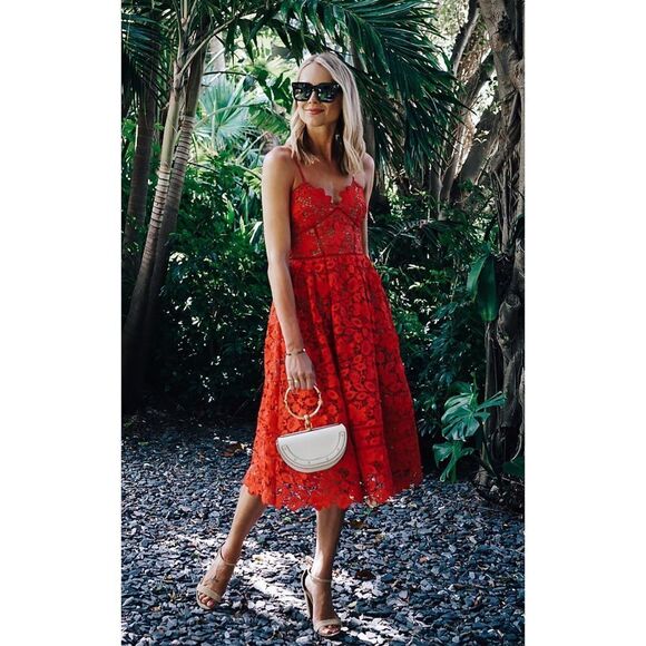 NWT SELF PORTRAIT AZALEA FLORAL LACE MIDI RED DRESS - Picture 1 of 16